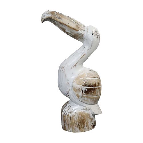 Decorative Albizia Wood Pelican On Wood Base White Wash