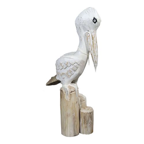 Decorative Wooden Pelican On Wood Base White Wash